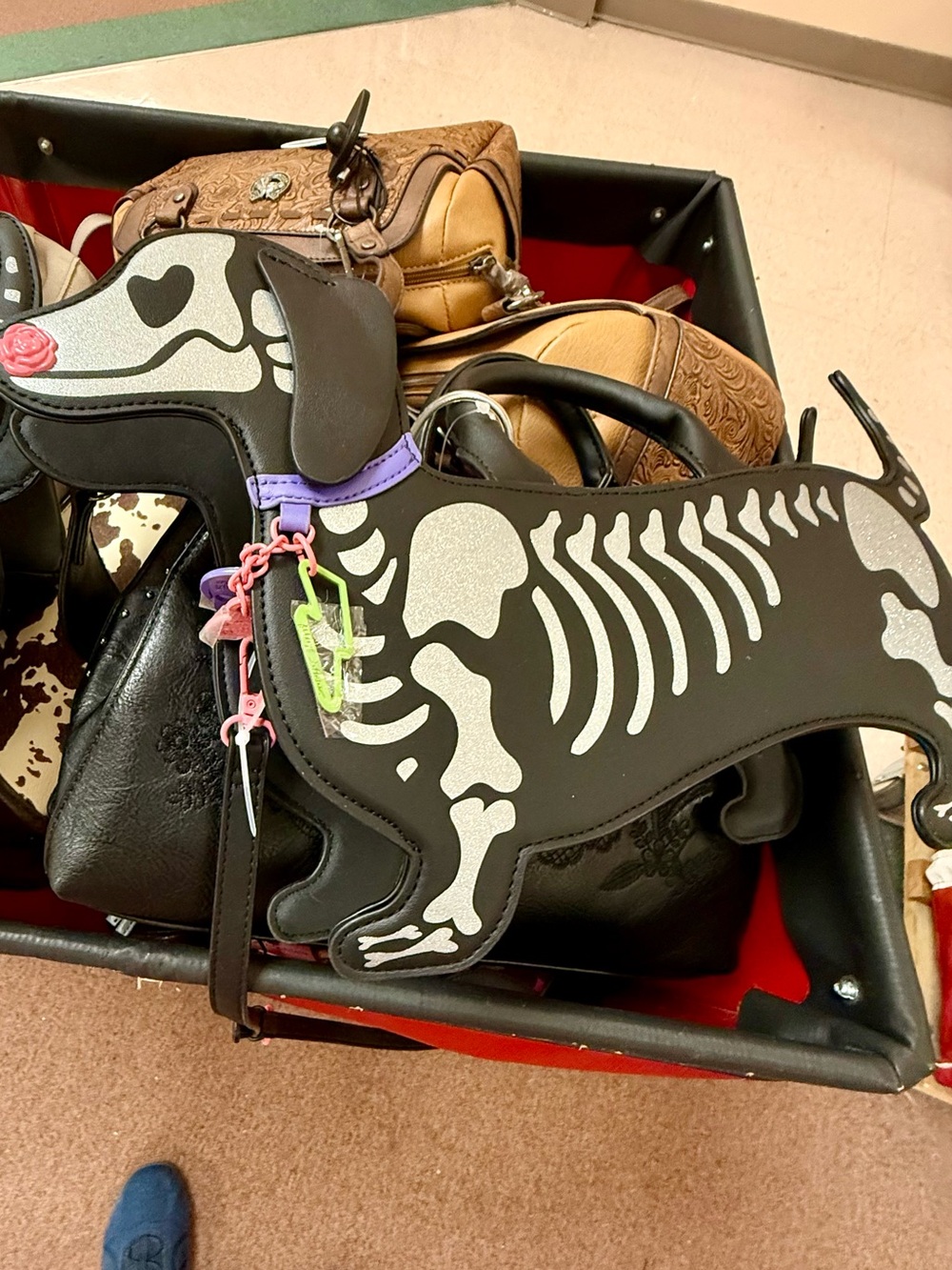 Betsey Johnson Black Dachshund Skeleton Satchel with Purple Accent - Picture 13 of 13